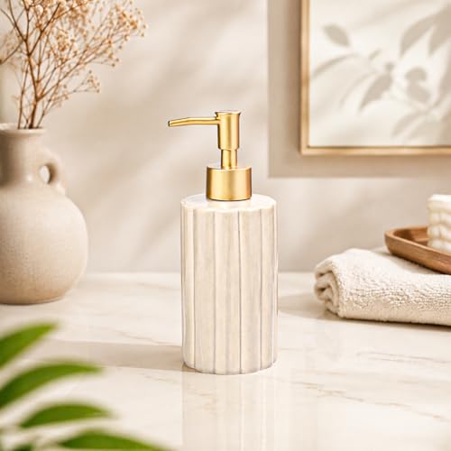 Image of MARKET 99 Beige Stoneware Soap Dispenser (320 ML) | Glossy Liquid Soap & Lotion Holder | Round Grooved Bathroom Countertop Accessory for Hand Wash, Vanity & Wash Basin