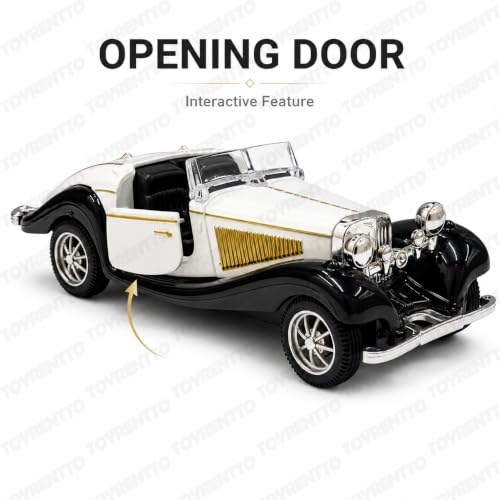 Image of 1:36 Scale Die-Cast Vintage Roadster Car Model, 13 cm Pull-Back Toy Car with Openable Doors, Rubber Tyres and Detailed Interior, Collectible Display Gift, White and Black