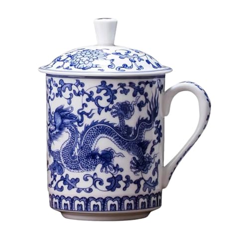 TOPBATHY Chinese Mug with Lid, Chinese Tea Set, Tea Infuser Mug with Lid, Porcelain Teacup, Blue and White Ceramic Coffee Cup Set for Loose Leaf Home Office Holiday Kitchen