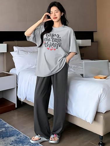 Image of KSHS Printed Round Neck Short Sleeve Nightsuit Set | Pajama Set | Casual Night Dress for Women
