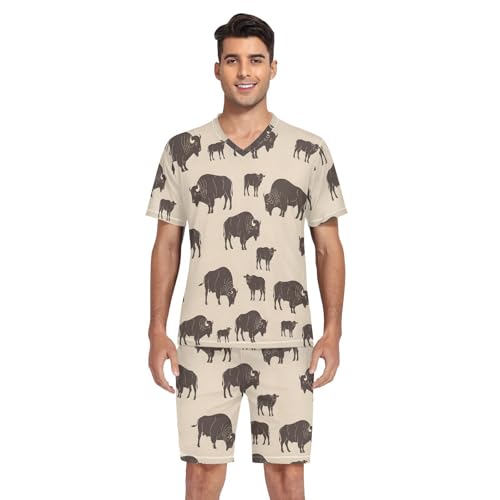 Mens Short Sleeve Pajama Set Vintage Bison Pattern Print 2-piece Lounge Sleep Sets Men's Sleepwear S-XXL4