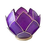 Blooming Lotus Capiz Shell Tealight Candle Holder, Handcrafted Decorative Tea Light Candleholder with Translucent Flower Petals for Ambient Illumination and Natural Elegance, Purple