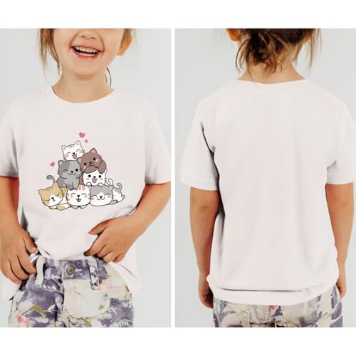 Image of KEEVICI Cute Cartoon Cat Shirts for Girls Kids Graphic Tees Kawaii Animal Pattern T Shirt Cotton Crewneck Summer Loose Tops