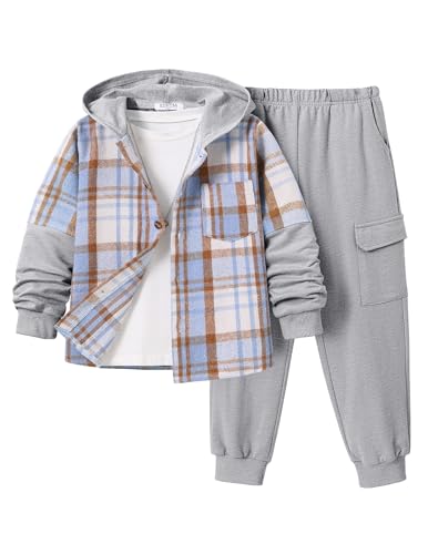 Image of 2Pcs Boys Clothes Sweatsuit Set Hoodie Flannel Plaid Shirt and Jogger Pants for Kids Fall Winter Spring Outfits