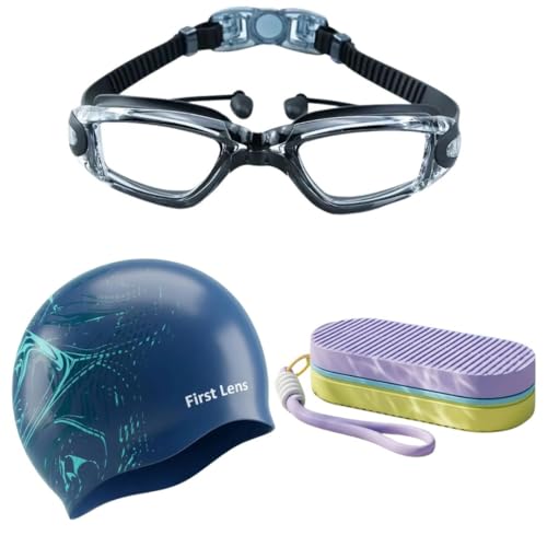 Image of First Lens Swimming Combo Pack with Anti-Fog Goggles, Swimm Cap & Protective Soft Storage Case - Clear Goggle + Aquawave Cap + Yellow Purple Case