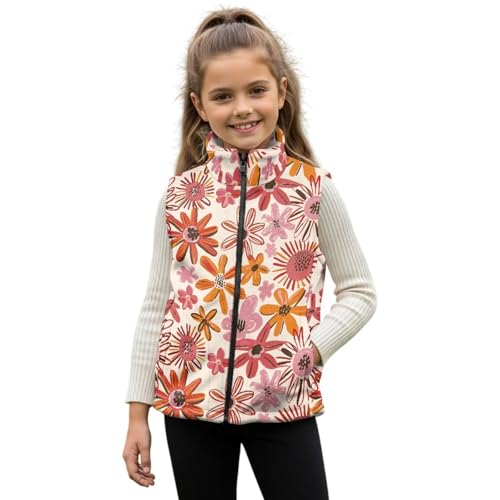Rarucativ Red Flower Girls Sleeveless Vests 3T Fashion Zipper Winter Quilted Sleeveless Jacket with Pockets Versatile Polyester Sleeveless Outerwear for Spring, Fall and Winter