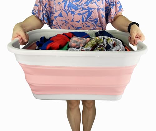 Image of SAMMART 41L (10.8 gallon) Collapsible Plastic Laundry Basket - Foldable Pop Up Storage Container /Organizer - Portable Washing Tub - Space Saving (Grey /Quartz Pink, Rectangular)
