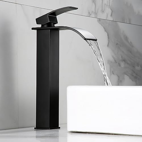 TTDGYYXW Grifo de Lavabo de Cascada Negro para baño - Grifo Monomando para Agua fría y Caliente, Grifo de Lavabo de 1 Orificio, Corto para Lavabo, Elegante y Funcional