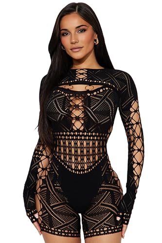 KIZOIEJE Women's Sexy Long Sleeve See Through Hollow Out Sheer Ultra Stretchy Mesh Bodysuit