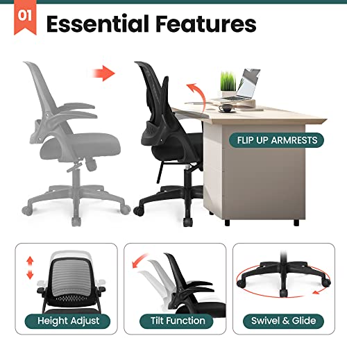 Image of NEO CHAIR Office Desk Chair, Ergonomic Mesh with Flip-Up Armrests, Black