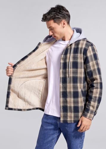Image of Men's Cotton Plaid Shirt Jacket Fleece Flannel Sherpa Button Down