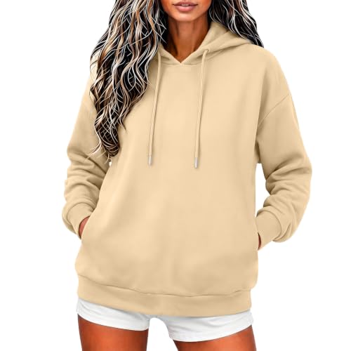 Image of Hoodies for Women UK Long Sleeve Pullover Sweatshirt Relaxed Fit Drawstring Hood Casual Jumper with Kangaroo Pocket sweatshirts women for road trips Beige S