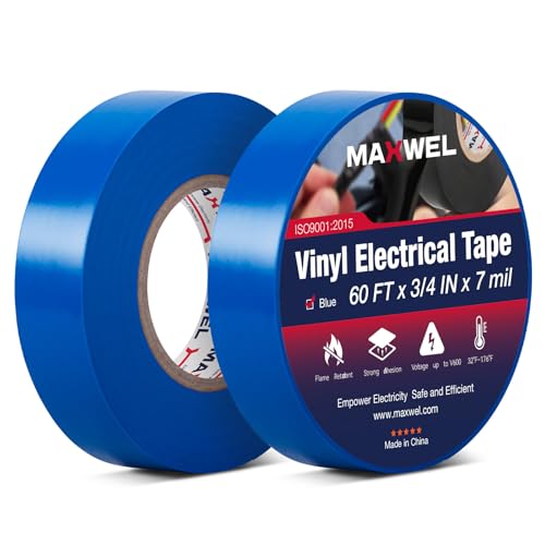 Blue Electrical Tape Waterproof - Professional Grade Insulation Vinyl Electrical Tape Flame Retardant for All Up to 600V Home and Industrial Electrical Repair 3/4 Inch 60 Feet 2 Rolls