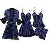 Lazzboy Dessous Frauen Silk Lace Babydoll Nachtwäsche Nachthemd Pyjamas Set Kimono Damen Morgenmantel Satin Bademantel Seide Roben V Ausschnitt Mit Blumenspitze(Marine,M)