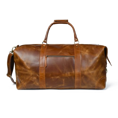 ELIZO Large Leather Duffle Bag For Men Women Big REAL FULL GRAIN Travel Overnight Weekender Carry On Luggage Sports Gym Bags (Tan 24 Inch) Heritage
