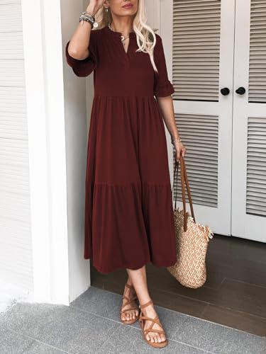 Short Sleeves Maxi Dress for Women A Line Summer Dress V Neck Casual Loose Tiered Long Dresses with Pockets3