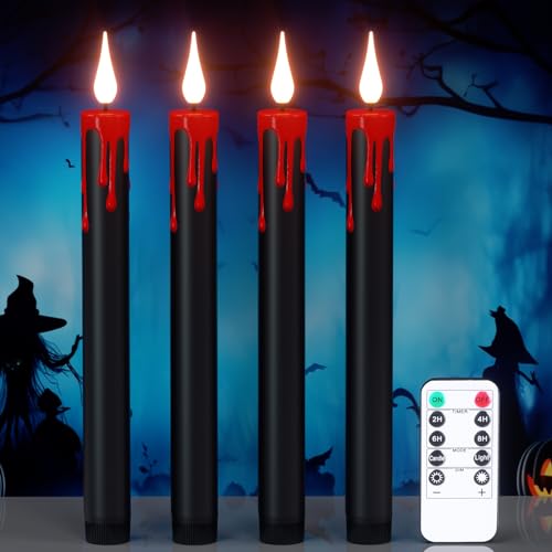 Image of Black Flameless Taper Candles Flickering with Remote and Timer, Blood Dripping Wax Effect Battery Operated Yellow Light LED Taper Candles Dinner Halloween Spooky Decor(4 Pack, 0.78 inch x 8.9 inch)