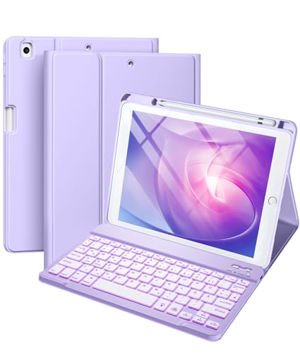 Vobafe Hülle mit Tastatur Kompatibel für iPad 9./ 8. /7. Generation 10.2 Zoll mit Stifthalter, Magnetisch 7 Farben Beleuchtung, Wiederaufladbar Abnehmbarer QWERTZ iPad Tastatur, Lavendel., 29.92 €