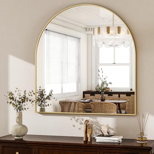 Image of HARRITPURE 26 inchx28 inch Arched Bathroom Mirror, Wall Mounted Mirror, Gold Arch Mirror, Aluminum Alloy Frame Wall Mirror for Living Room, Bedroom and Entryway
