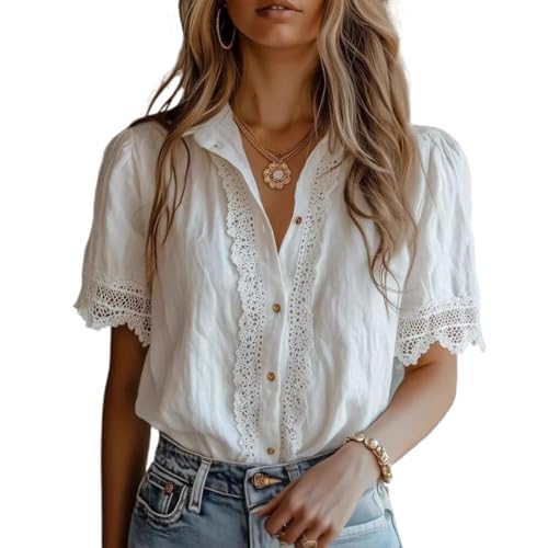 Chemise d'été à manches bouffantes femme, haut ample boutonné à manches courtes