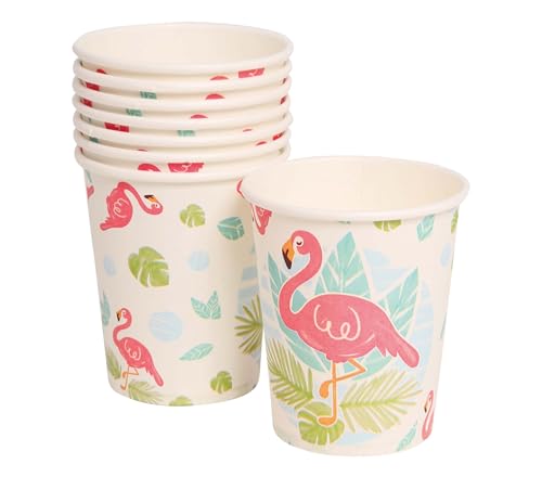 FIESTAS GUIRCA | 6 Vasos Desechables Flamenco (240 ml) (9 cm) - Decoración de Mesa para Fiestas Hawaianas y Graduaciones - Ideal para Celebraciones de Verano y Eventos Tropicales - Blanco