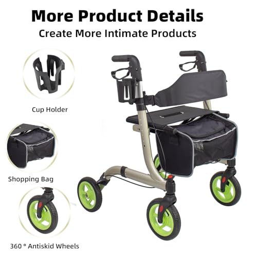 Rollator Walkers for Seniors- Rollator Walker with Cup Holder- Easy Folding Senior Walker with Backrest- Lightweight Mobility Walking Aid for Adult Elderly, Aluminum Frame, Champagne - Thumbnail 2