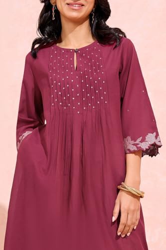 Image of Taneira Women Cotton Embroidered Dark Pink Kurta for Women (KUAM66DPM-Dark Pink-M)