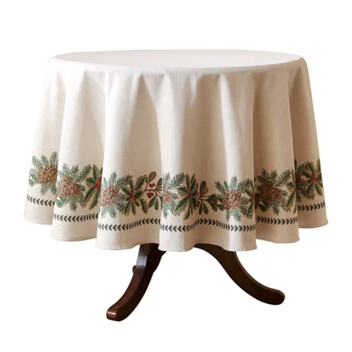 ISAENNE Designer Christmas Linen Small Round Tablecloth,Light Beige Western Elegant Table Cloth,Wrinkle Resistant Decor Tablecloths for Dining Thanksgiving Kitchen Christmas,Diameter 55"-Carol G