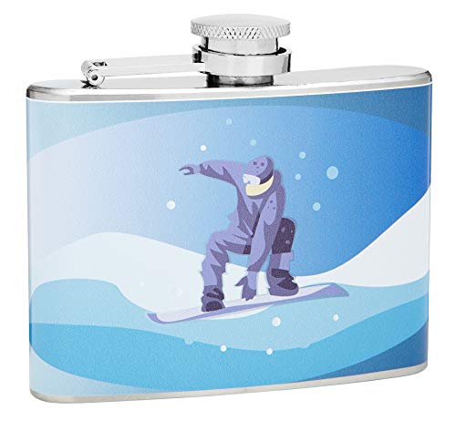 Hip Flask Holding 4 oz - Snow Boarding Design - Pocket Size, Stainless Steel, Leak Proof, Screw-On Cap - Sky Blue, White, Iris and Blue Wrapped Vinyl Finish - Black Gift Box Included
