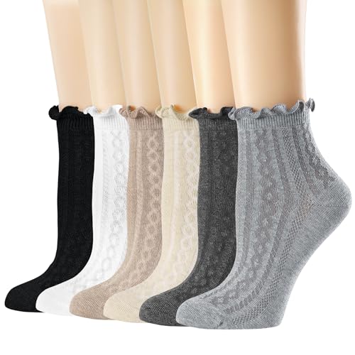 Mcool Mary Womens Ruffle Socks Crew Casual Cotton Frilly Breathable Cute Knit Lettuce Dress Ankle Socks 6 Pack