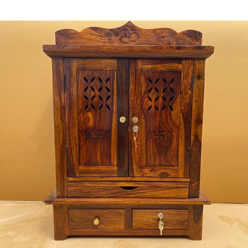Image of Wudniture Solid Sheesham Wood Pooja Mandir for Home | Handcrafted Wooden Temple with 3 Storage Drawers, Tray & Lock | Natural Teak Finish