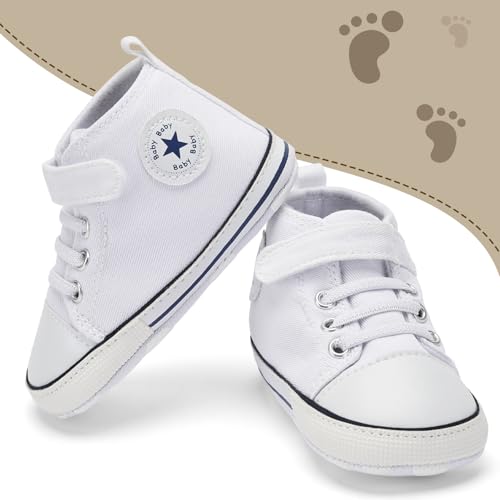 BACSAC Baby Boys Girls Walking Shoes First Newborn Infant Canvas High Top Sneakers with Hook and Loop Breathable Lightweight Non-Slip White, 12-18 Months