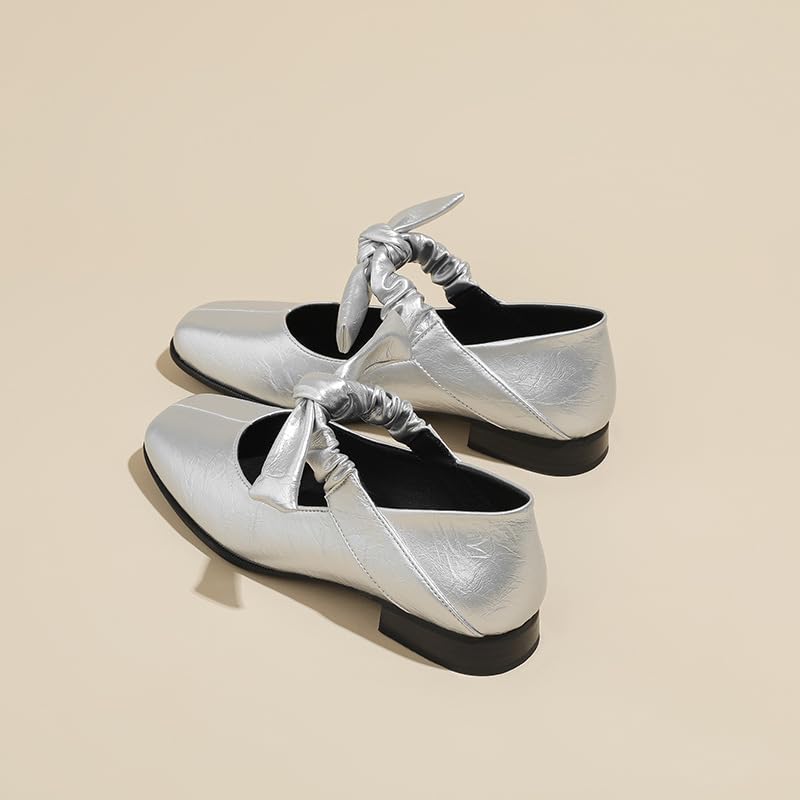 Women's Mary Jane Flat Shoes, with a Closed Square Toe and Ballet Flat Design, Featuring a Bow Strap for a Dressy Look and Comfortable Slip-On Dress Shoes2