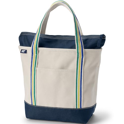 Lands' End Zip Top Canvas Tote Bag Medium Natural/Radiant Navy Stripe