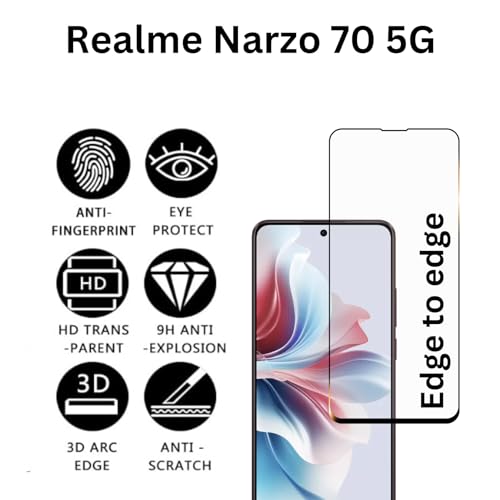 Image of HiS compatible with Realme Narzo 70 5G Smartphone Tempered Glass [With Warranty] Screen Protector Guard Full Edge To Edge 9H Full Glue Fhd With Easy Installation Kit (Narzo70)