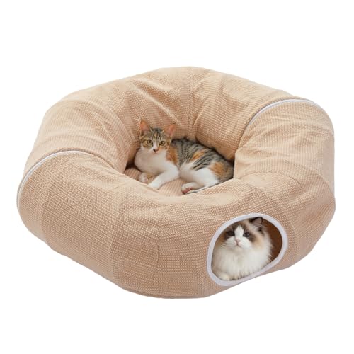 Image of PEQULTI Cat Donut Tunnel with Bed for Indoor Cats, Cat Play Tunnel with Washable Soft Plush Mat, Round Tube Toys Cute Tube for Kittens, Puppies, Rabbits and Ferrets, Beige