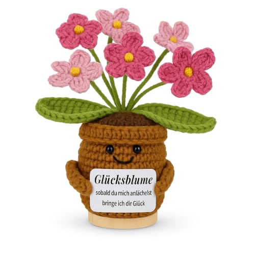 Glücksmoment - DAS ORIGINAL | Handgefertigte gehäkelte Blume | & Glücksbringer | Trostspender, Motivation & Anti Stress | Pocket Hug, Mutmacher, Seelentröster | Emotional Support (pink)