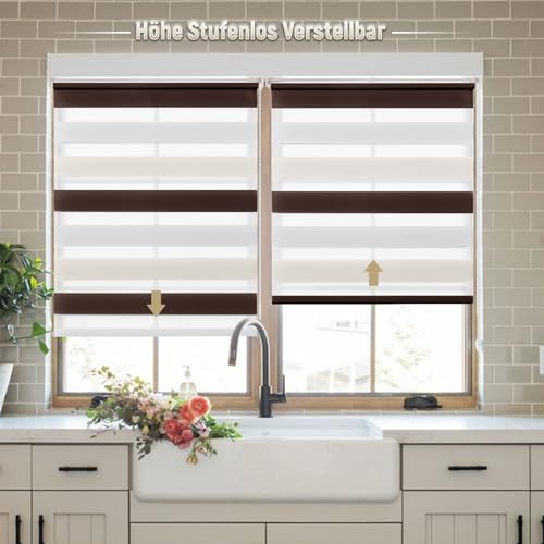 Deswell Doppelrollo Klemmfix ohne Bohren Weiß-beige-braun B110 x H130 cm (Stoffbreite 106cm) Rollos für Fenster ohne Bohren für Fenster mit… – Ansicht 2