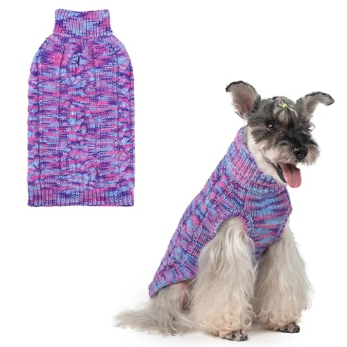 Image of BEAUTYZOO Dog Sweater for Small Medium Dogs, Knit Clothes with Harness Hole | Turtleneck Pullover Fall Winter Knitwear, Fuzzy Fleece Cold Weather Coat for Girl Boy Puppy, Warm Pet Sweatshirt, Purple SM T