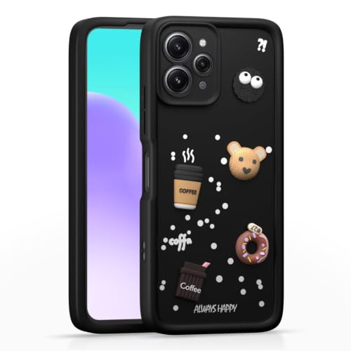 Image of Bintage Cute Fun Ball | Taddy Cartoon 3D Smiley Coffee Cup | Milk Donut | Full Camera Protection Back Cover Compatible for Mi REDMI 12 4G - Black