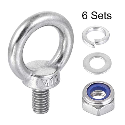 Image of uxcell Lifting Eye Bolt M10 x 18mm Male Thread with Hex Screw Nut Gasket Flat Washer for Hanging Securing Chain Wire Rope, 304 Stainless Steel, 6 Sets