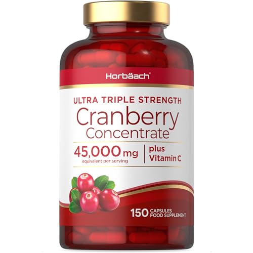 Arándano Rojo Capsulas 45.000 mg con Vitamina C 300mg | Cranberry Suplemento Vegano de alta resistencia | 180 Cápsulas | by Horbaach