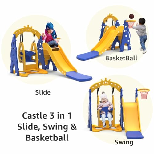 Image of Amazon Brand - Solimo 3-in-1 Garden Castle Slide & Swing for Indoor & Outdoor Use | for Kids 2-8 Years Old | Safe & Fun | Ideal for Boys & Girls | Toy for Kids | Easy Assembly, Multicolor