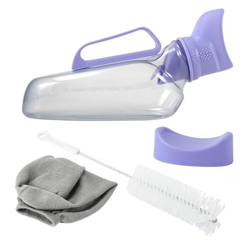 Female Urinal for Women - Portable Handle with Kniteed Case and Brush, Purple Pee Bottle for Women, Senior, Elderly,Set of 5 Includes a Urinal, one Receptacle, a lid, a Brush, a Urinal Knitting Bag