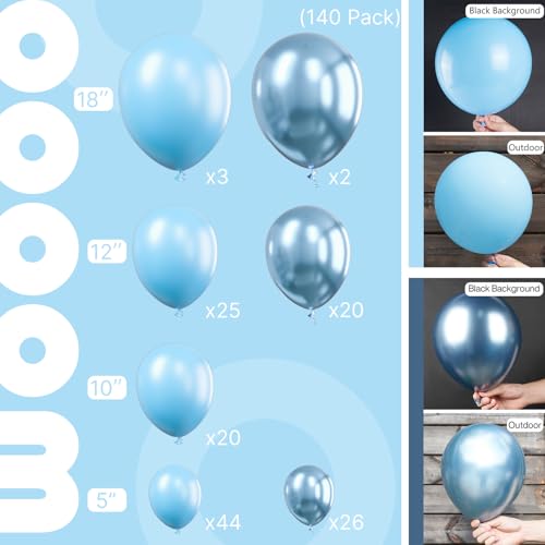 Image of PartyWoo Light Blue Balloons, 140 pcs Light Blue and Metallic Blue Balloons Different Sizes Pack of 18 Inch 12 Inch 10 Inch 5 Inch for Balloon Garland Arch as Birthday Decorations, Party Decorations