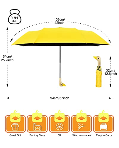 Leagera Compact Small Umbrellas For Rain&Sun, Cute Design Duck Head Umbrella For Girls Gifts, 8 Ribs Folding Umbrella With Wooden Handle, Yellow #TOP2