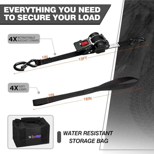 Image of Retractable Ratchet Straps 1 inch x 13Ft, Heavy Duty Self Retracting Tie Down Straps, 1800lb Break Strength Auto Retract Cargo Straps for Truck, Trailer, Motorcycle, ATV, UTV, (Black, 4 Pack)