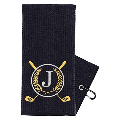 CGFN Golf Towel Gift, Golf Gifts for Men, Women Microfiber Waffle Golf Towels with Embroidered Monogrammed |16”x 24”Golf Towels for Golf Bags with Clip for Men (Black, Initial-J)