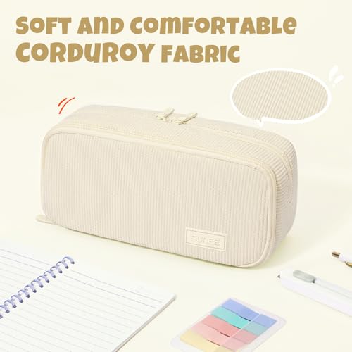Image of SUNEE Pencil Case, Large Capacity Pencil Pouch, Aesthetic Big Pen Bag, Soft Corduroy Fabric Pen Box for Office Stationery Organizer School Supplies Multifunctional for Teen Boys Girls Women Men, Cream