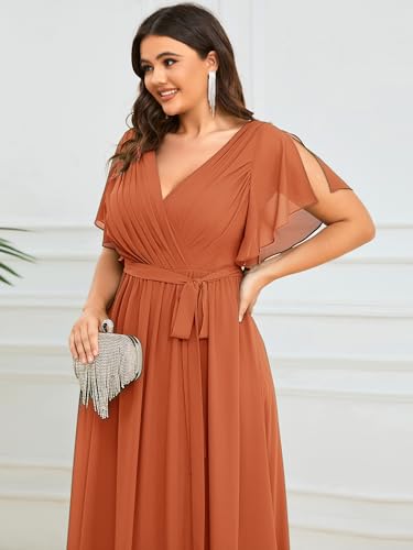 Image of Ever-Pretty Plus Women's Spring Chiffon A-Line Plus Size Bridesmaid Dress Empire Waist Ruched Formal Wedding Guest Dresses Brandied Melon US20